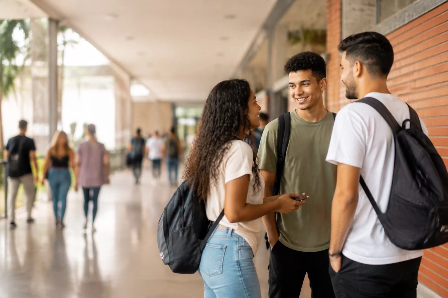 Estudantes com mochilas conversando no corredor de uma universidade