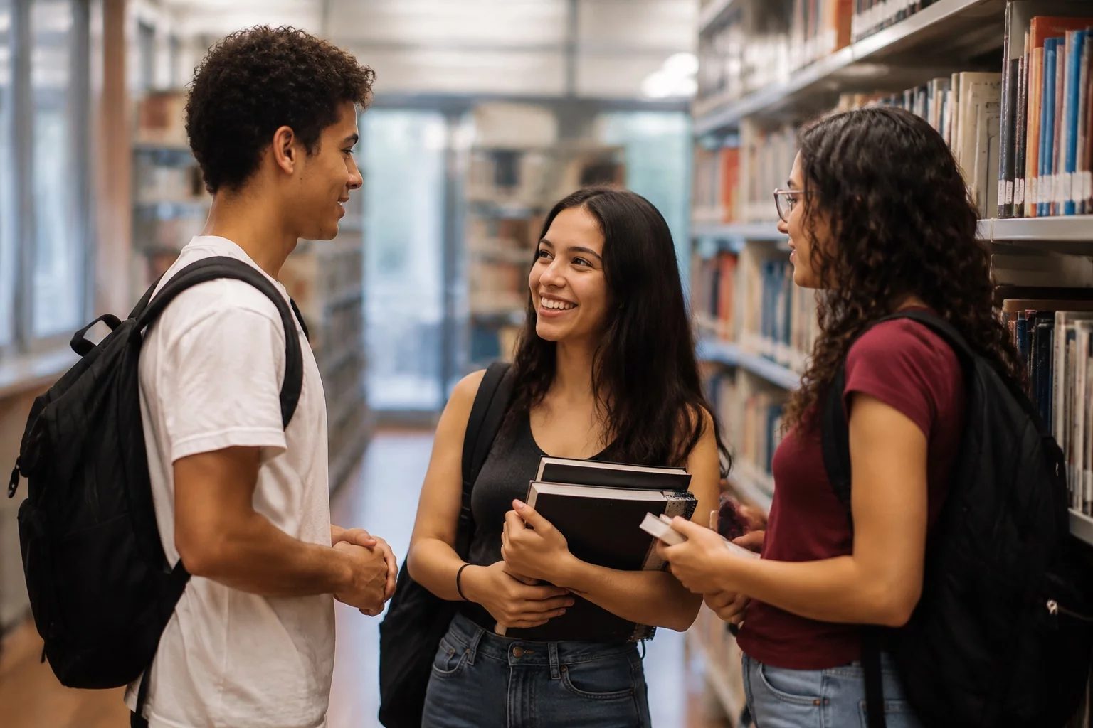 Estudantes conversando em pé entre as estantes de uma biblioteca