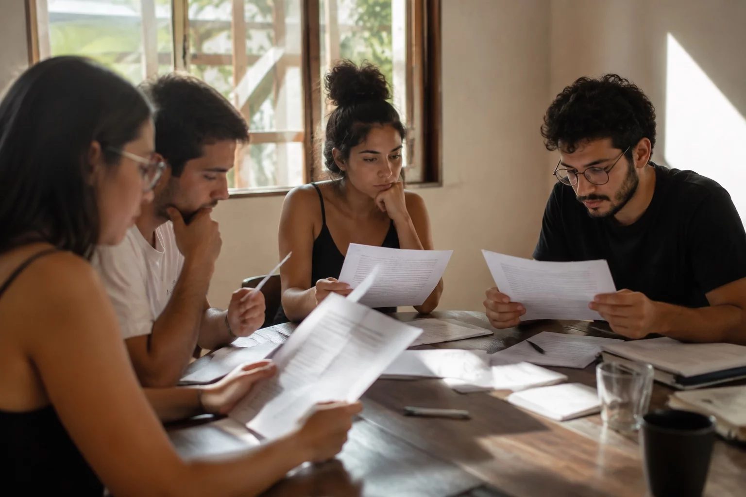 Grupo pequeno lendo páginas impressas de argumentos ao redor de uma mesa