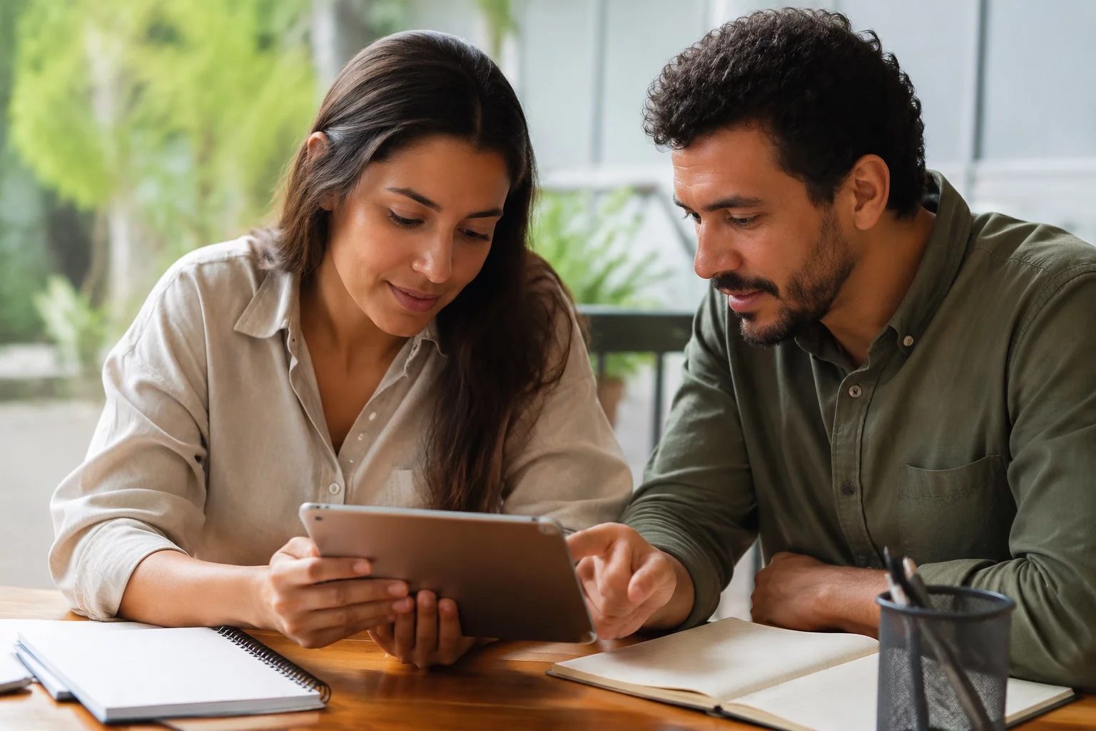 Duas pessoas revisando anotações em um tablet sobre uma mesa de madeira